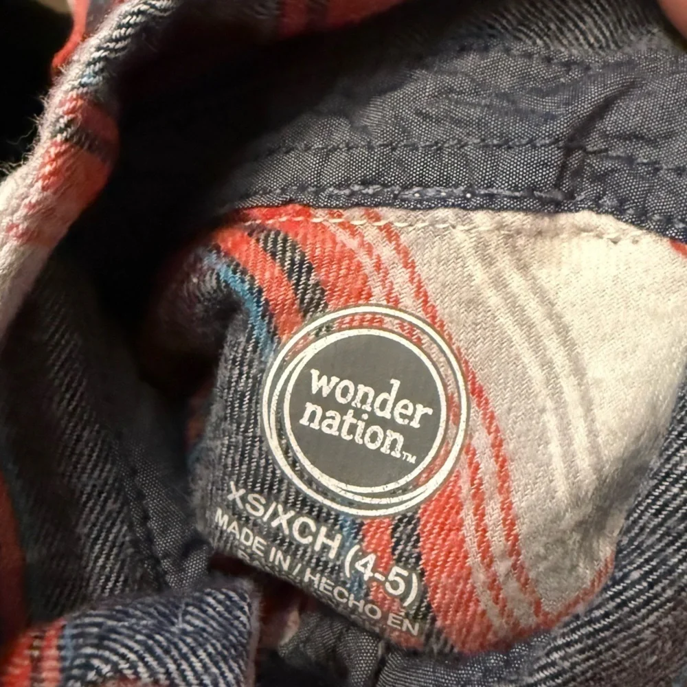 Wonder Nation Boys Warm,Cozy Red and Blue Plaid Button Down Flannel Shirt-XS 4/5
